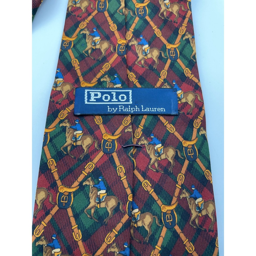 Polo Ralph Lauren Silk Tie Red Green Plaid Equestrian Horse Jockey Made in USA - Picture 2 of 4
